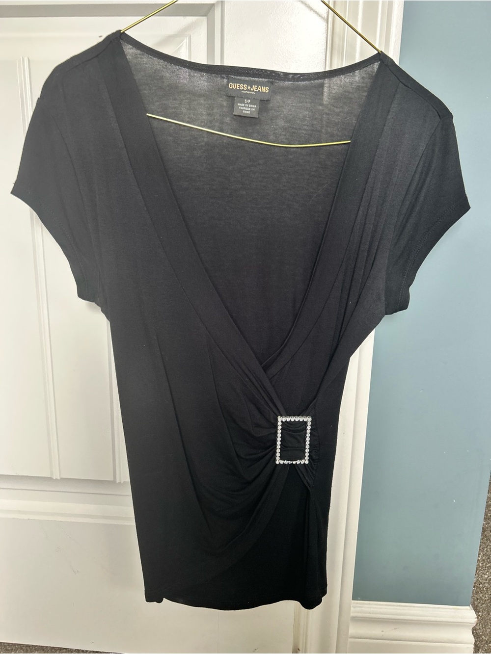Guess Black Short-Sleeve V-Neck Top with Rhinestone Buckle